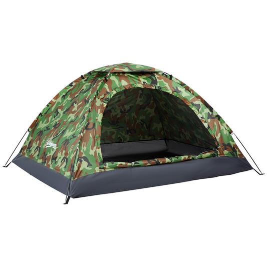 Camouflage camping tent for outdoor adventures, van life, and festivals with spacious interior