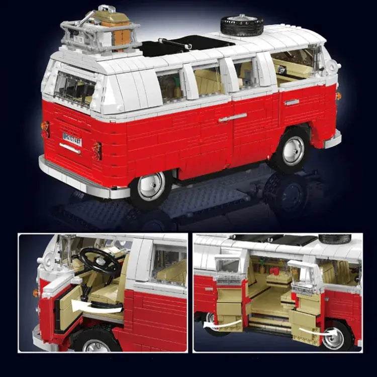 Red and white LEGO camper van with detailed interior, roof rack, and spare tire — perfect for van life enthusiasts