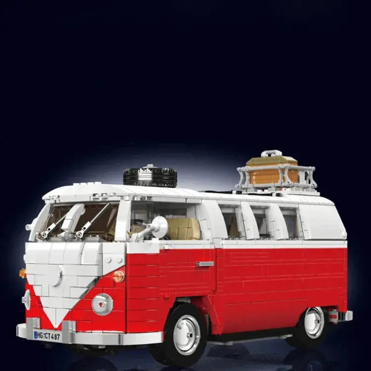 Red and white LEGO camper van with roof rack, perfect for van life adventures and outdoor gear enthusiasts