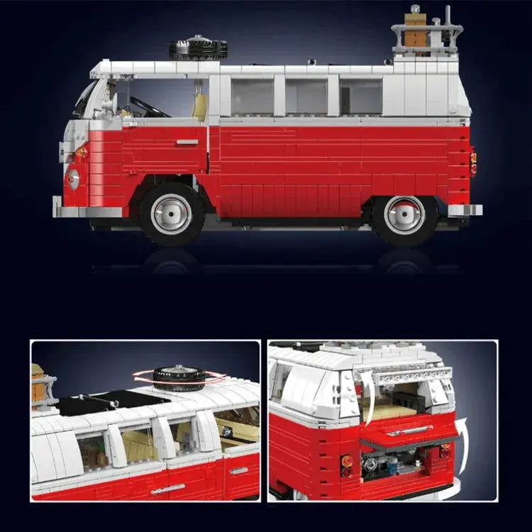 Red and white LEGO camper van with pop-top roof, detailed interior, and rear engine compartment for van life adventures