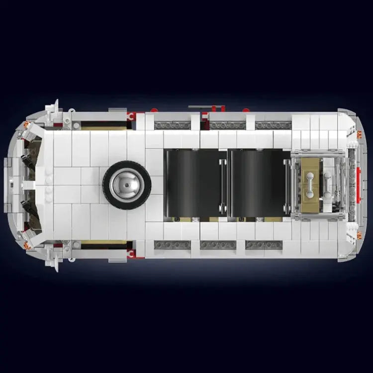 Top view of white LEGO camper van with interior details, perfect for van life enthusiasts and collectors