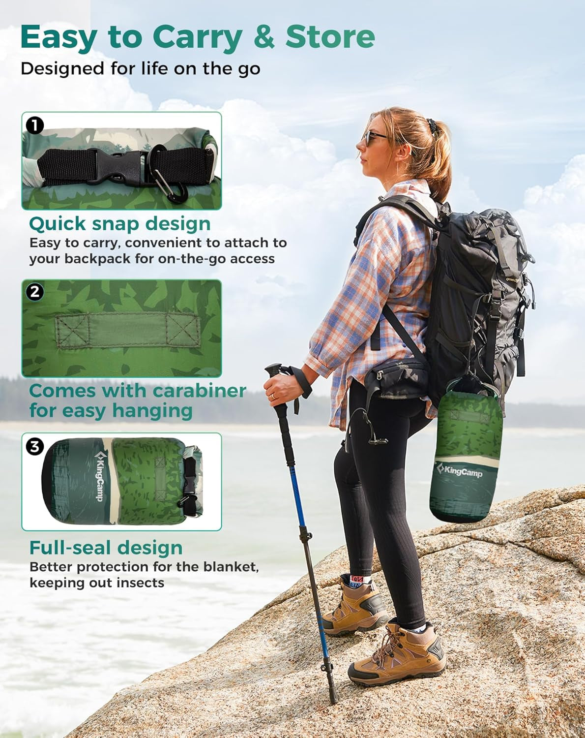 Woman hiking with KingCamp camo sleeping bag attached to backpack, ideal for van life and outdoor adventures