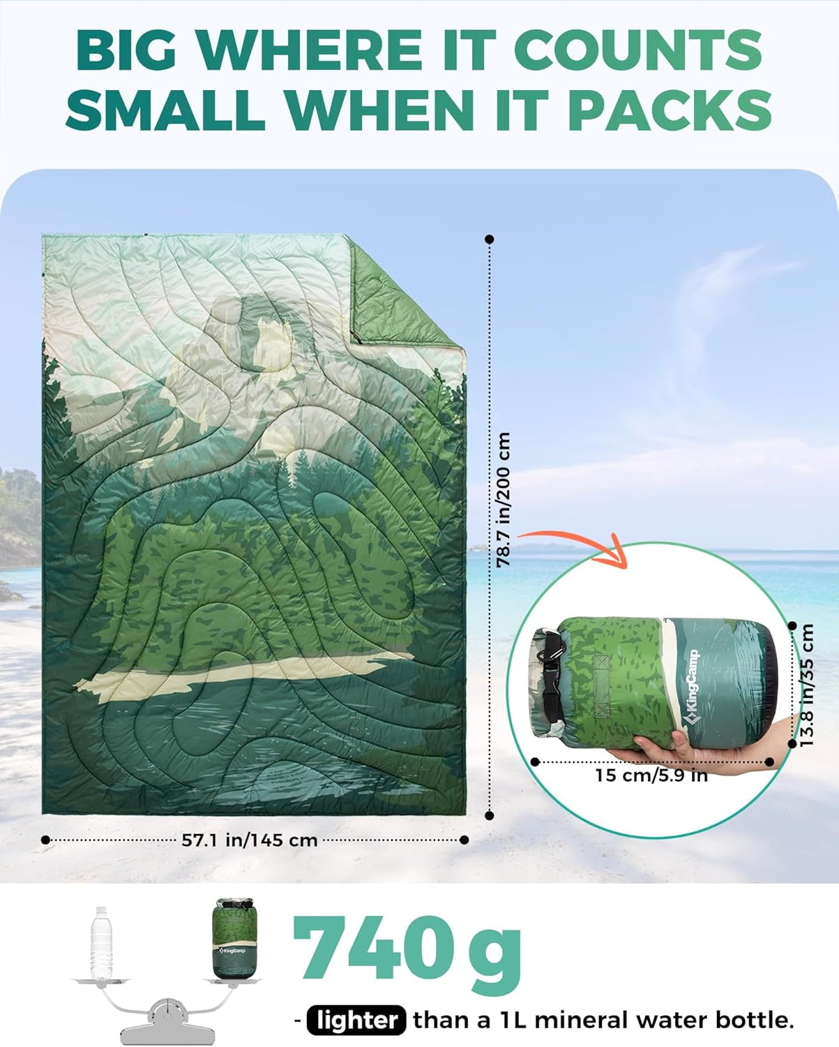 Compact lightweight camping quilt with forest print, packs small for van life and outdoor adventures
