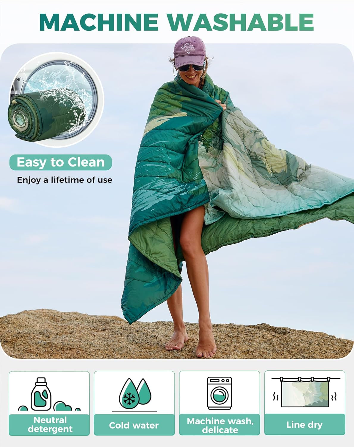 Machine washable van life blanket, easy to clean, perfect for outdoor adventures and camper van essentials