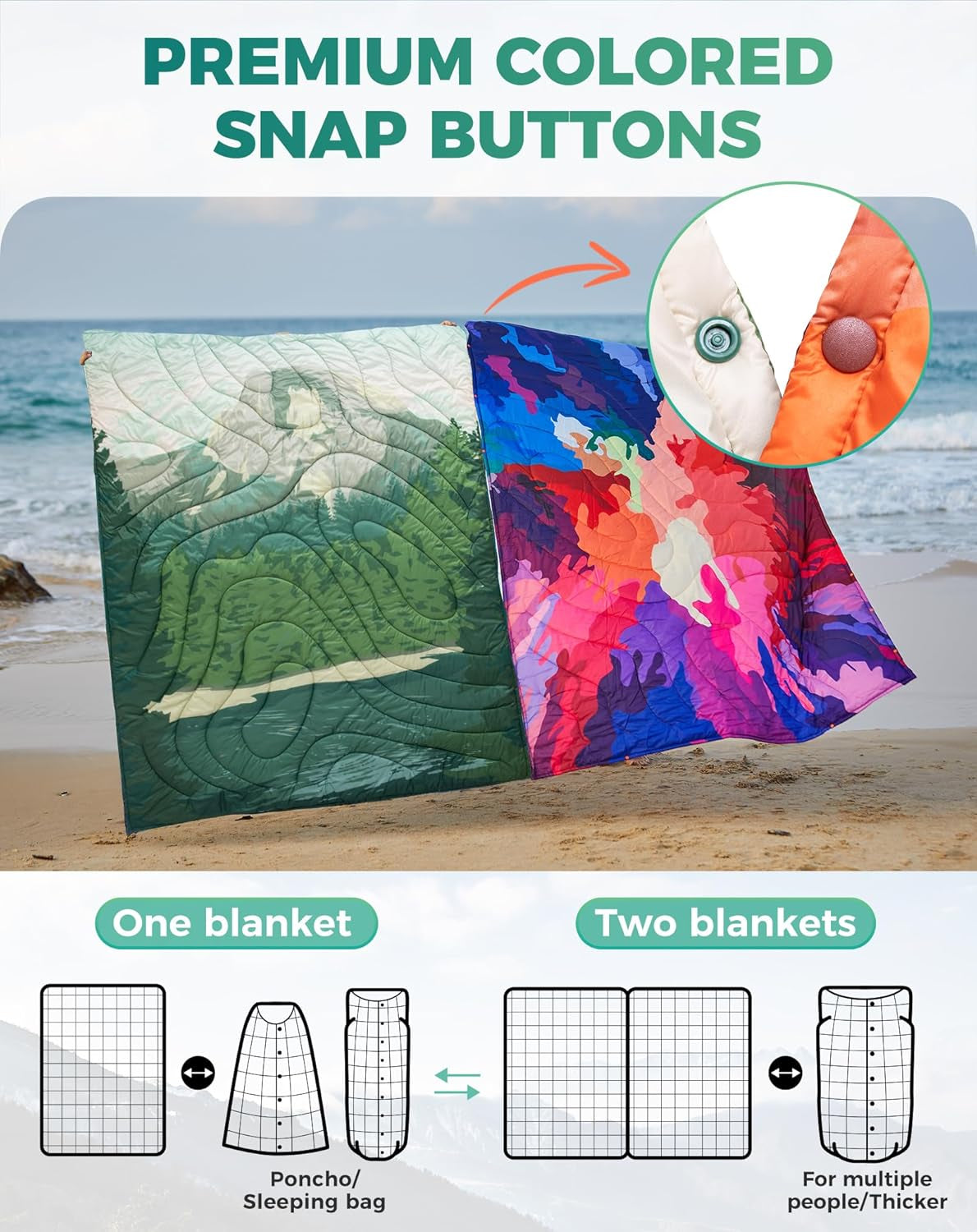 Convertible quilted blanket with snap buttons for van life, beach use, or camping—transforms into poncho or sleeping bag.