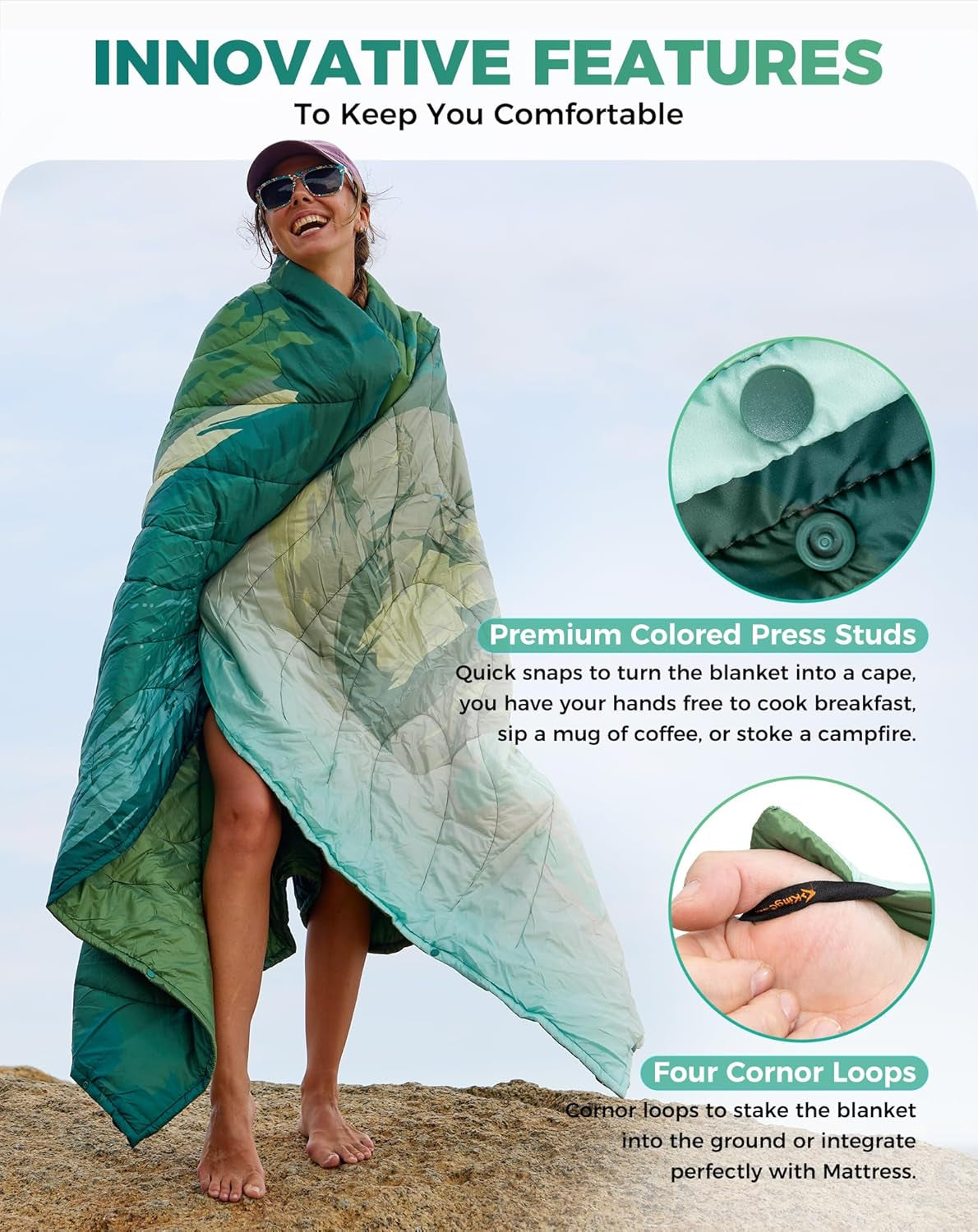 Woman wrapped in green camo convertible blanket with press studs and corner loops for van life adventures