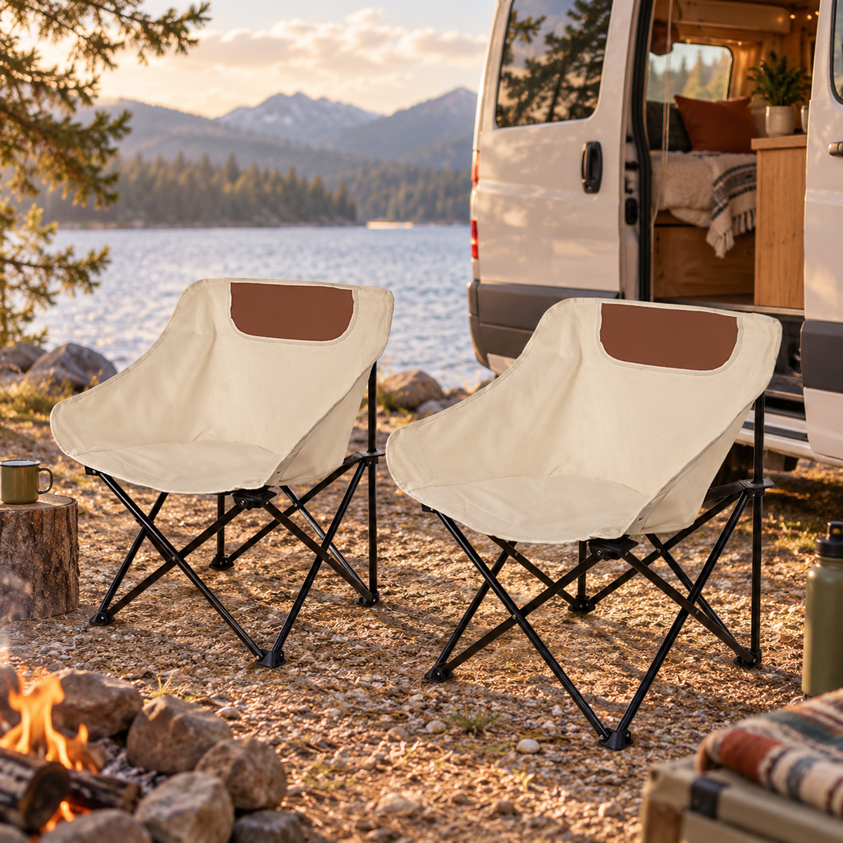 Canvas Camping Chair Set in a van-life setting
