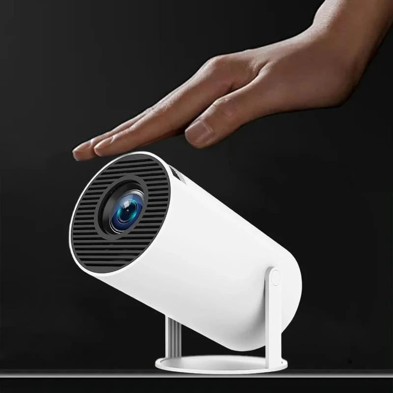 Compact white portable projector for van life, camping, and outdoor movie nights