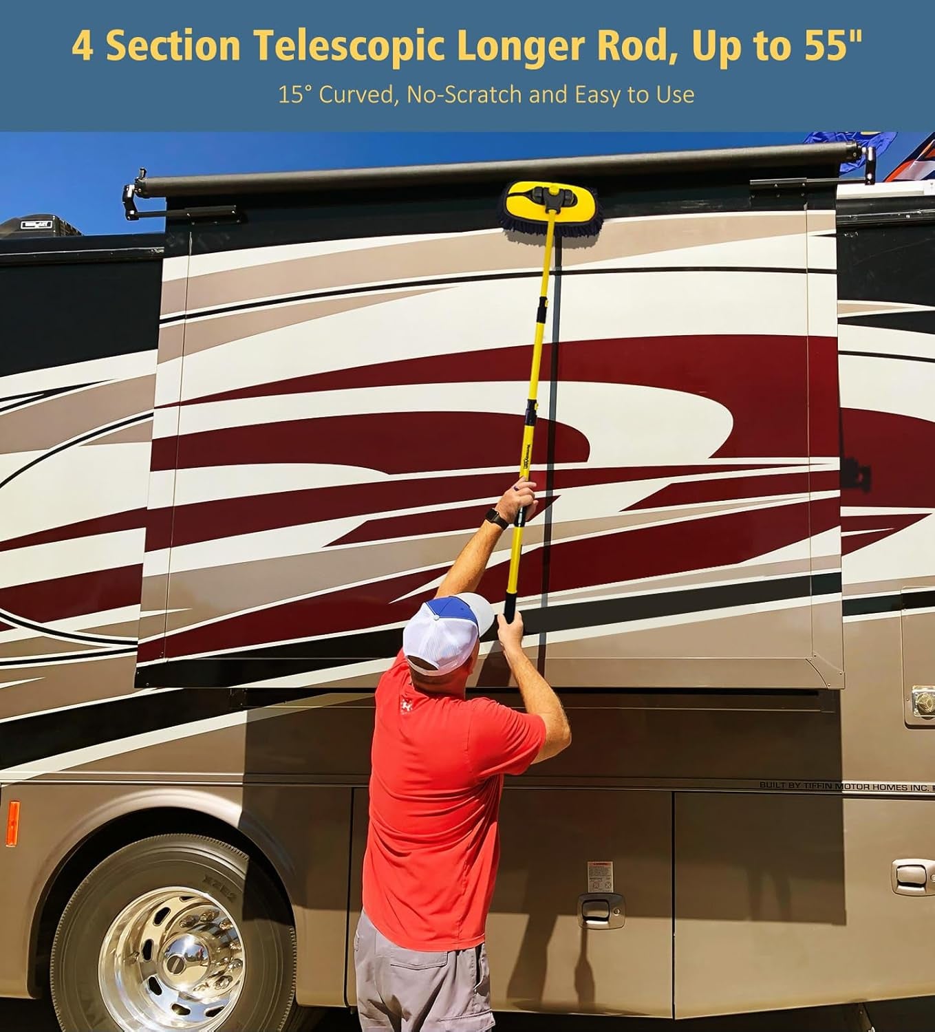 Man cleaning RV with telescopic no-scratch brush, ideal for van life and camper maintenance