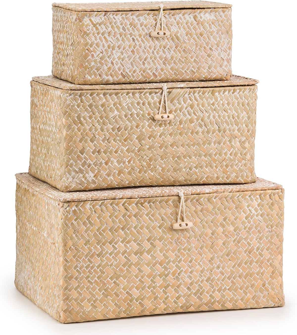 Lidded Seagrass Storage Boxes – Set of 3 – three closed storage boxes on white