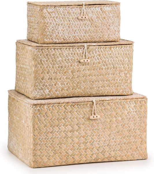 Lidded Seagrass Storage Boxes – Set of 3 – three closed storage boxes on white