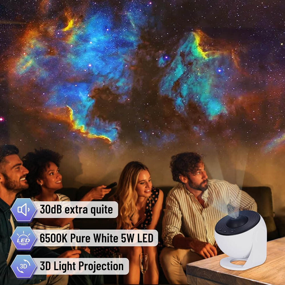 3D galaxy projector for van life, projecting starry nebula ceiling with 6500K LED, quiet 30dB operation