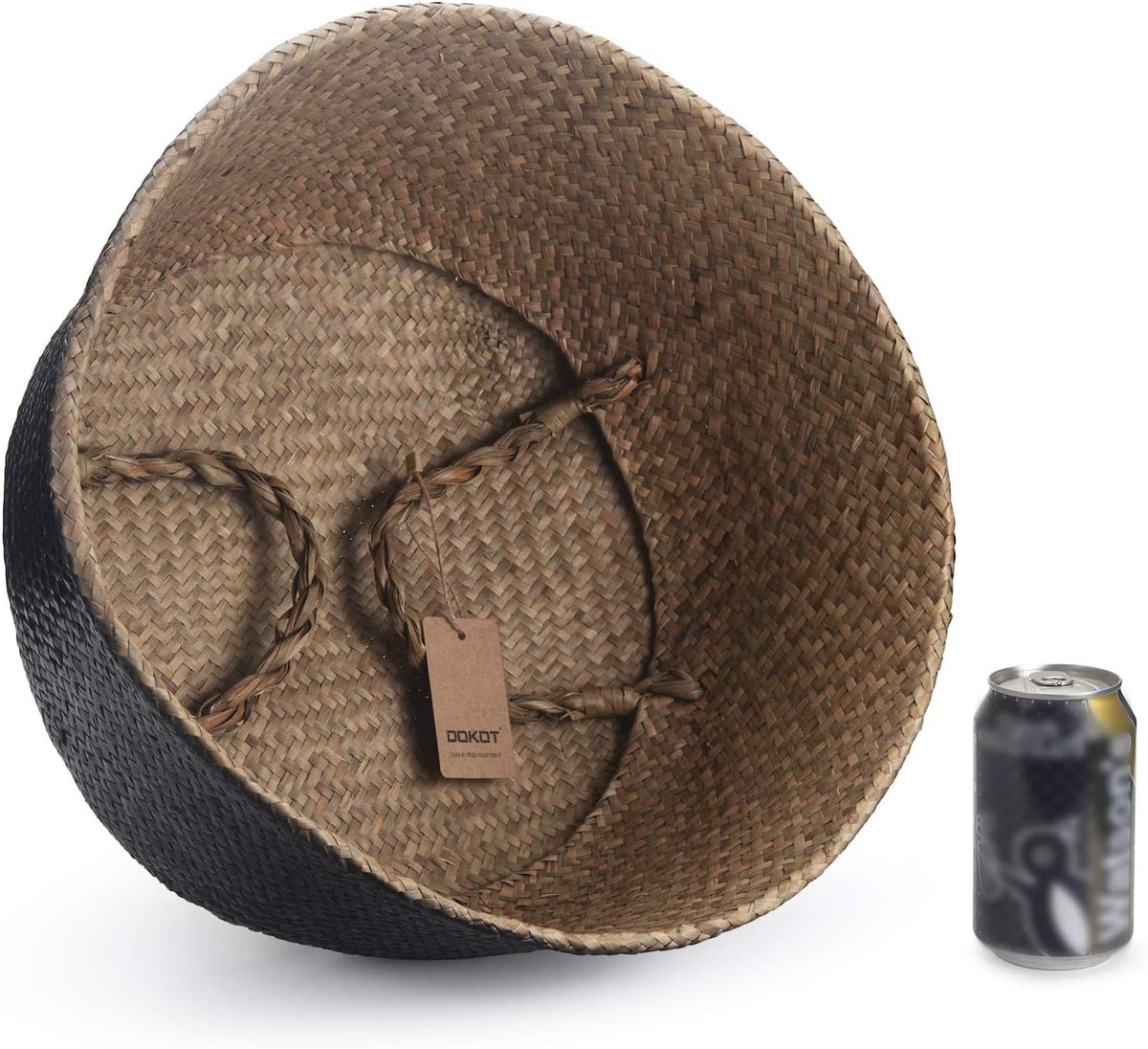 Seagrass Belly Basket Natural Woven Plant Pot Foldable with Handles for Storage Laundry Blankets Toys (Natural + Black)