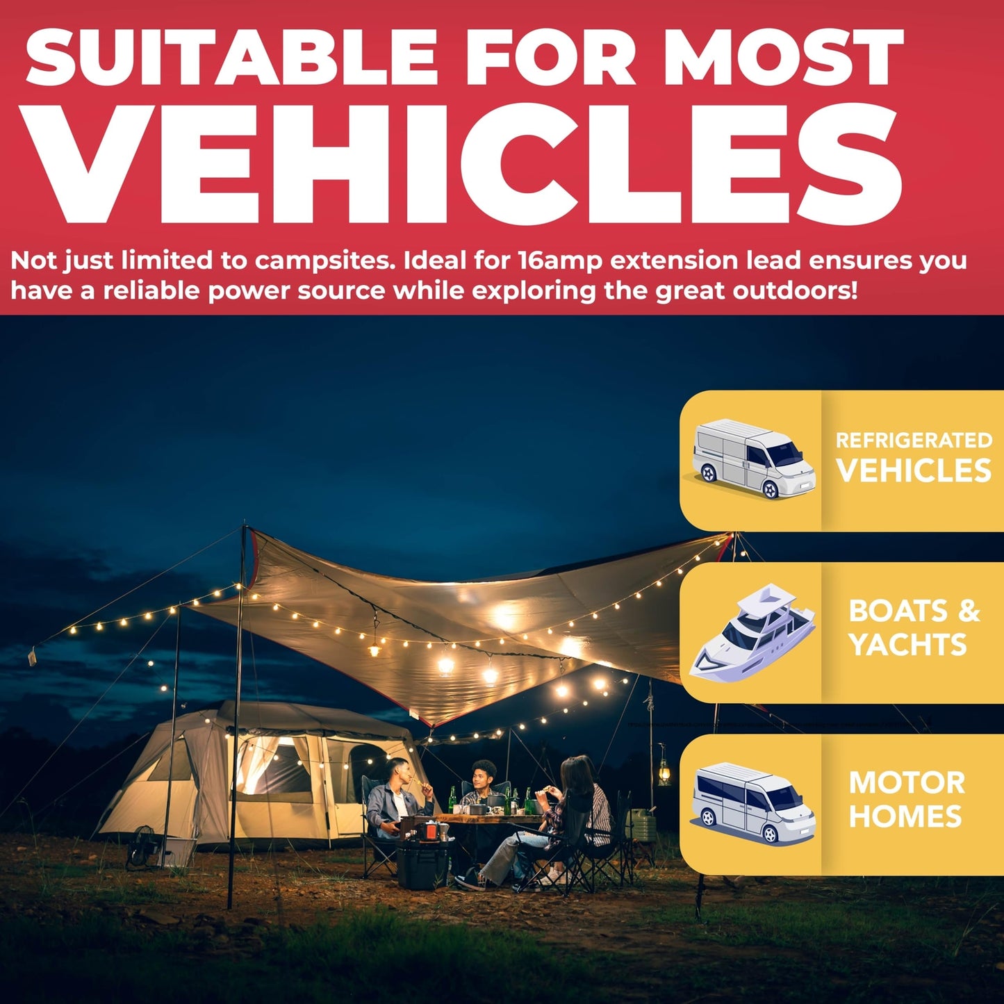 Van life camping setup with tent, string lights, and outdoor gear for vehicles, boats, and motorhomes