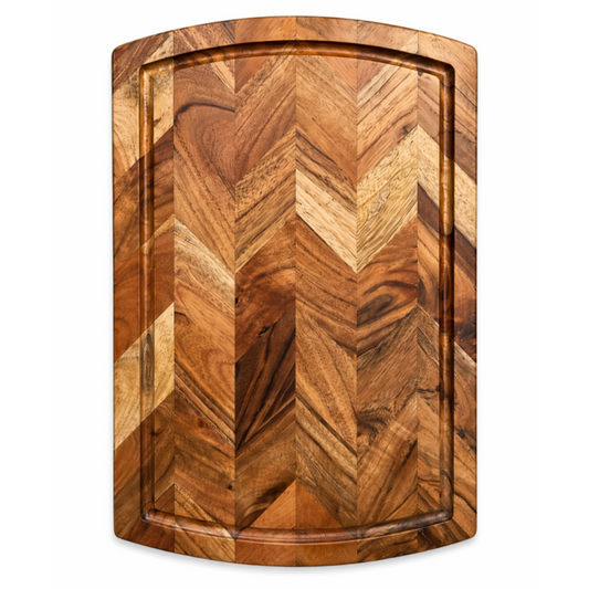 Wooden cutting board with chevron pattern, ideal for van life kitchen essentials and outdoor cooking gear