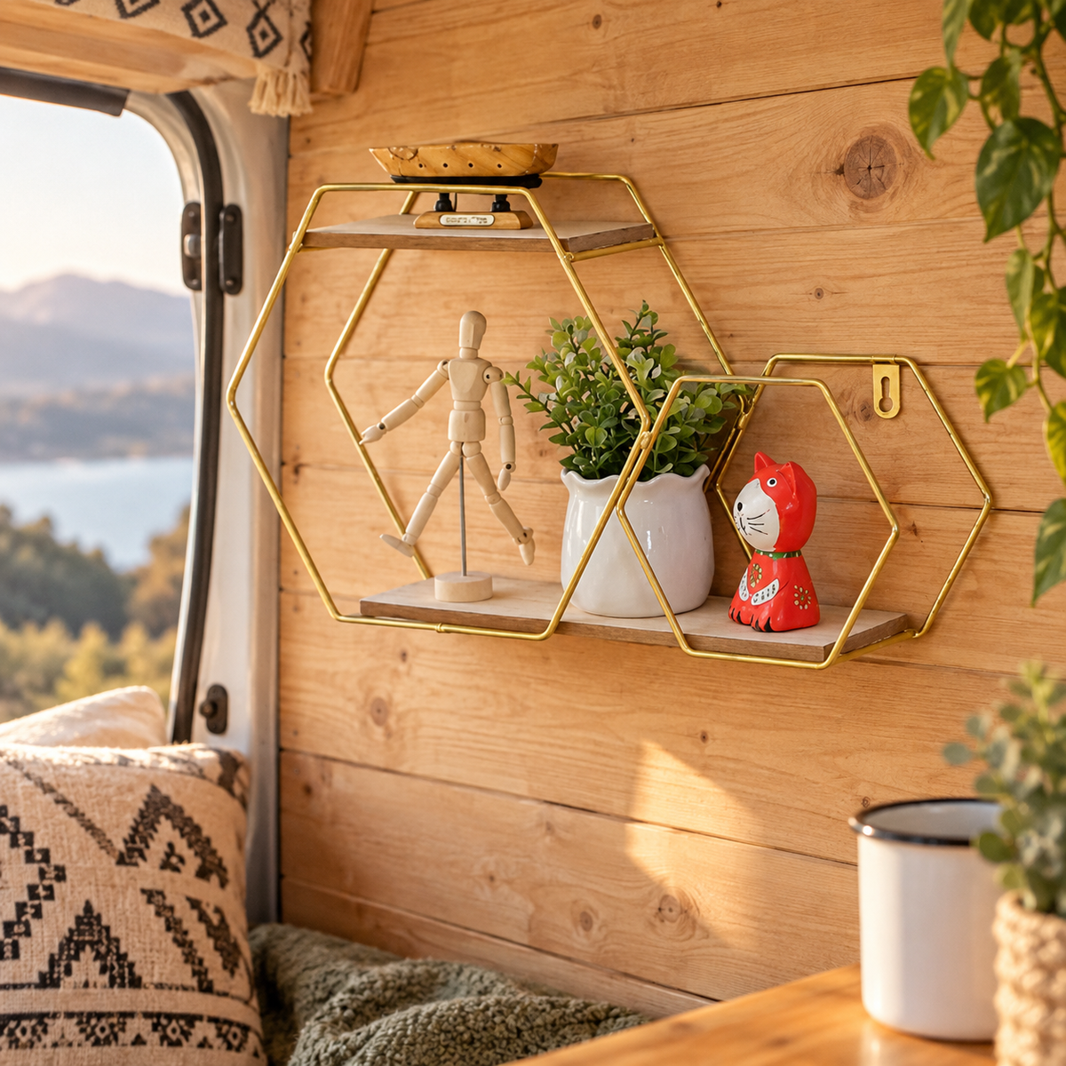 Mini Hexagon Shelf in a van-life setting