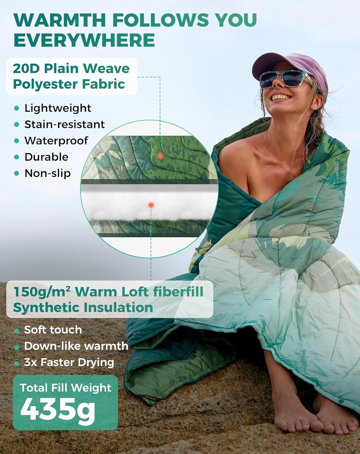 Woman wrapped in lightweight, waterproof van life blanket with synthetic insulation, perfect for outdoor adventures.