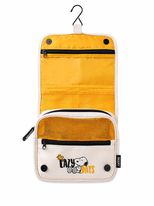 Snoopy Lazy Days hanging organizer with yellow mesh pockets, perfect for van life storage and travel essentials