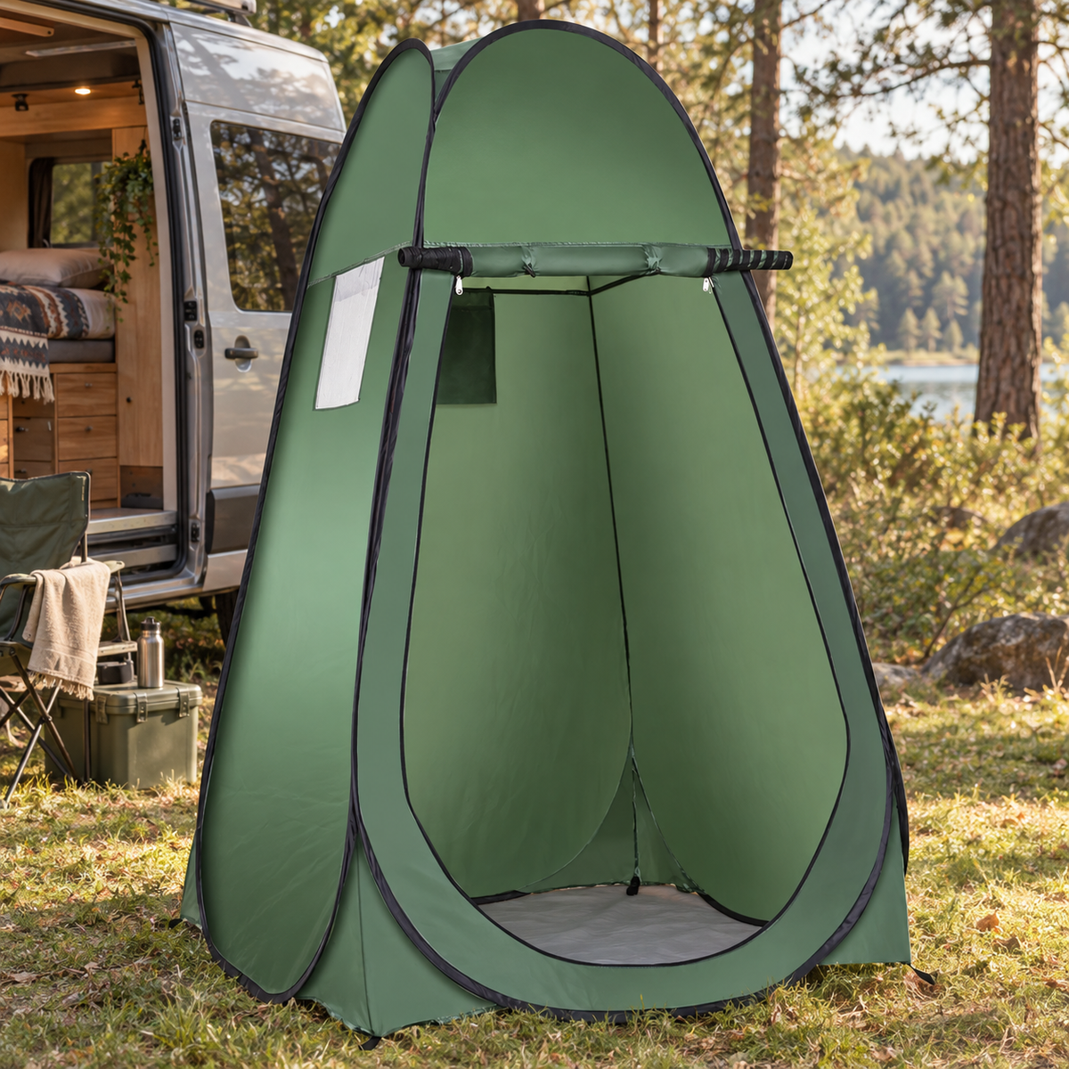Green Utility Tent in a van-life setting