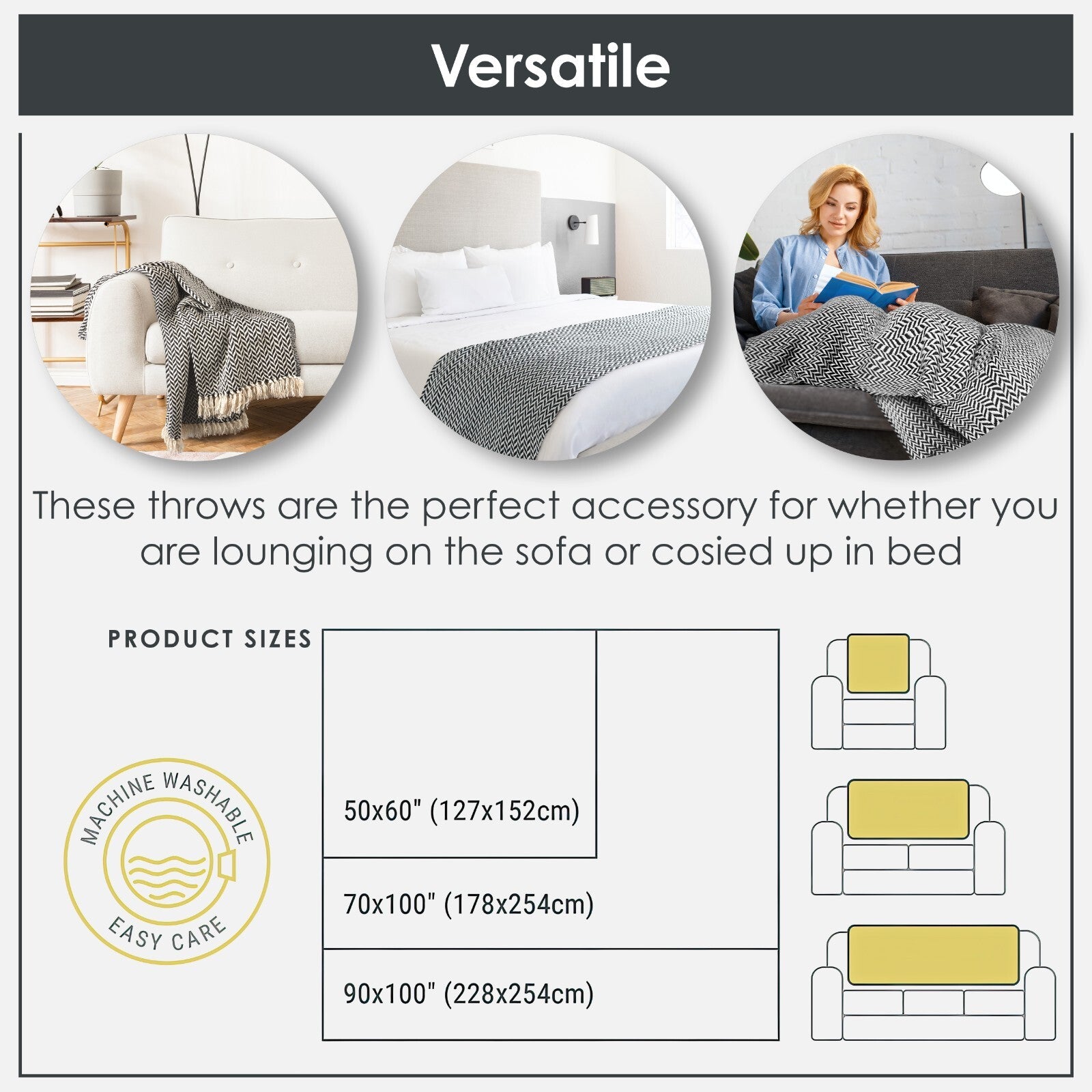 Versatile black and white chevron throw blanket for sofa, bed, or van life comfort, machine washable