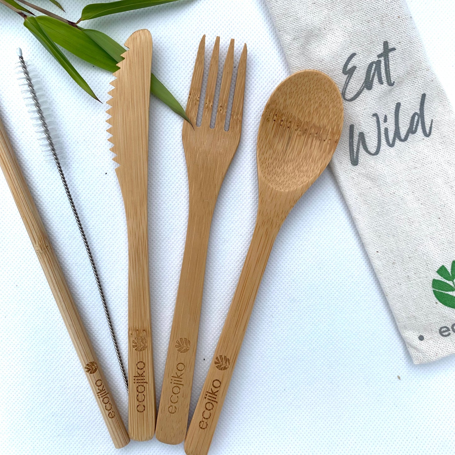 Bamboo cutlery set with spoon, fork, knife, straw & cleaner, perfect for van life and eco adventures