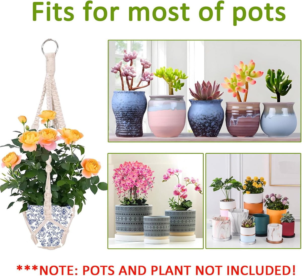 Cotton Macramé Plant Hangers – Pair, 50cm – hanger with example pot sizes
