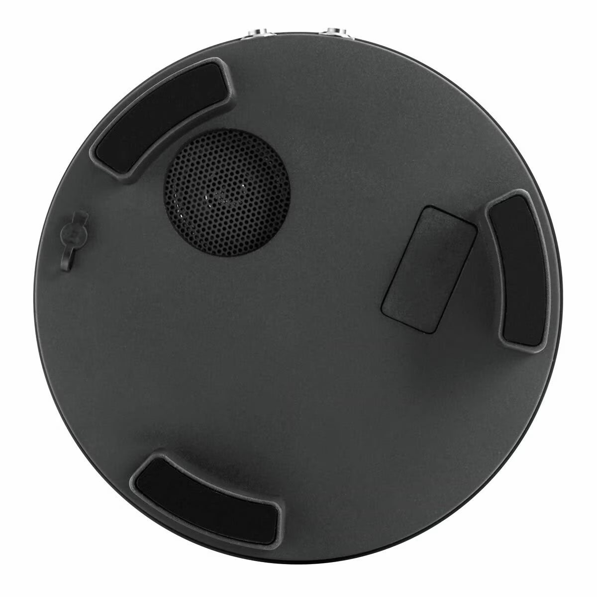 Compact black portable speaker with grip pads and speaker grille, ideal for van life and outdoor adventures