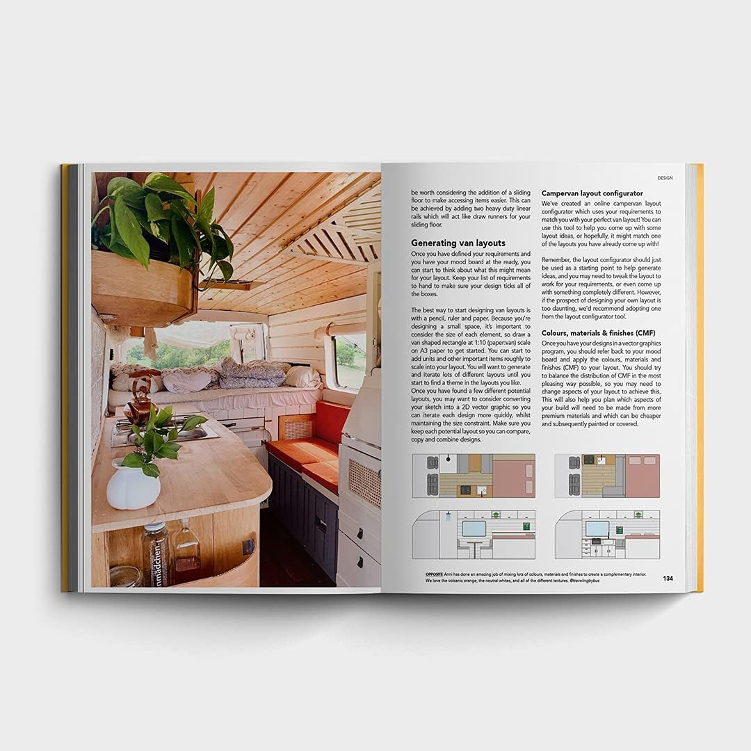 Van life interior design guide with cozy layout, wood accents, plants, and camper van layout tips