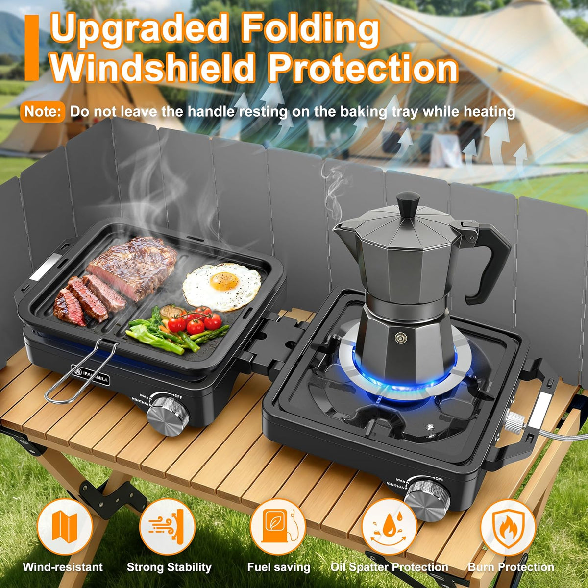 2-Burner Pro Camping Stove,7000W Camping Stove Gas Portable,Foldable Gas Stove,Windscreen Griddle, Portable Stove,Camping Essentials,Suitable for Outdoor Cooking,Wintermoot,Grilling