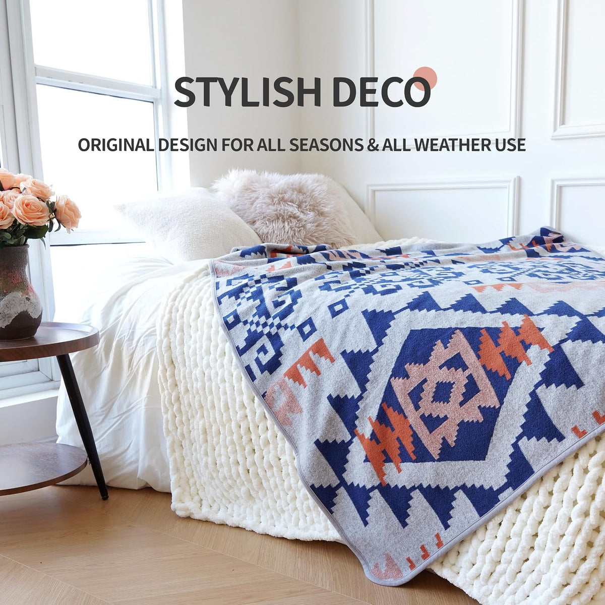 Merino Wool Blanket Soft Warm Thick Bed Couch Outdoor Camping Travel Car Throw All Weather Aztec Style Grey 63 X 51 Inch