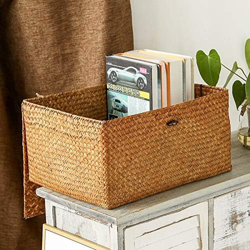 Seagrass Storage Baskets with Lids Natural Wicker Basket (Medium 30Cmx18Cmx15Cm H)