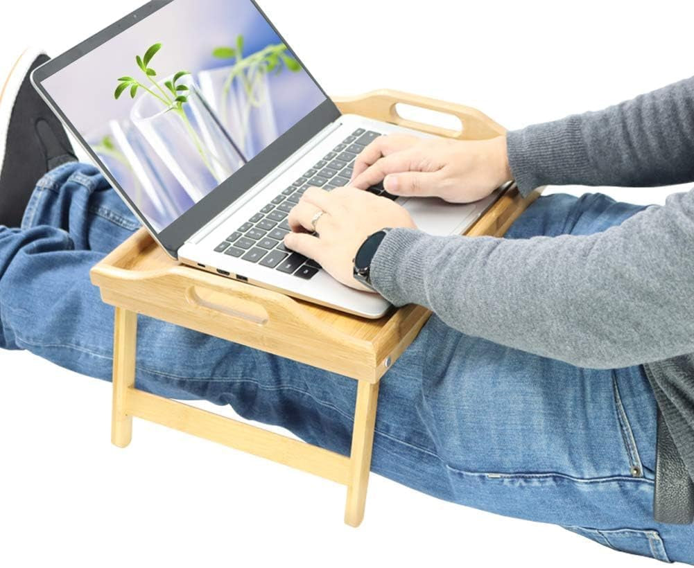 Bamboo Serving Tray Breakfast Bed Table with Wooden Folding Legs, Bamboo Bed Tray