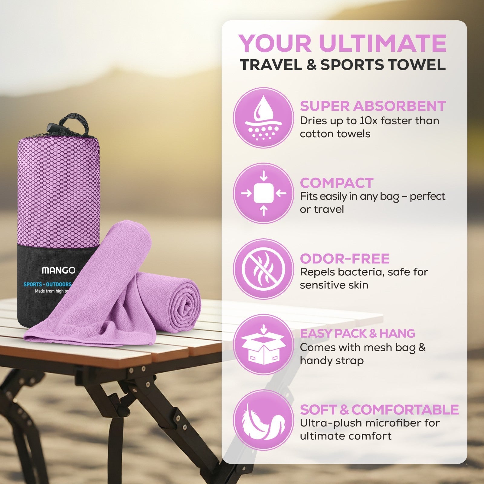Purple travel towel for van life, camping & sports — super absorbent, compact, odor-free, soft microfiber with mesh bag