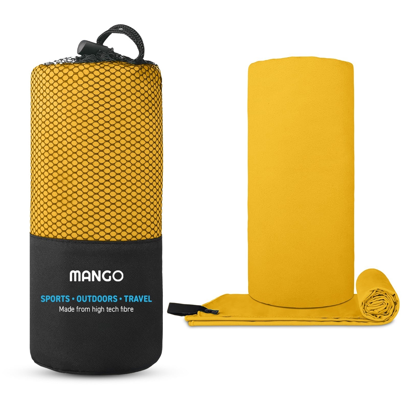 Mango yellow quick-dry travel towel for outdoors, sports, van life — compact, high-tech fiber, rolled & packed