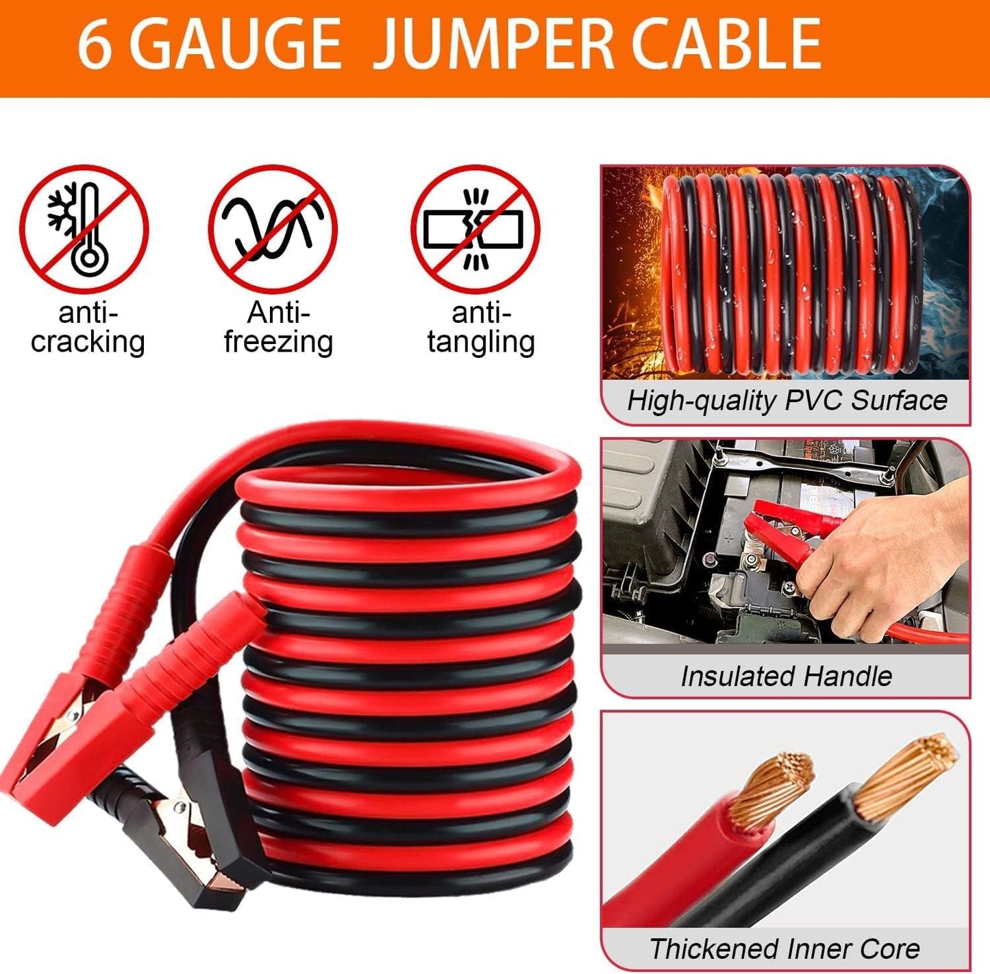 6 gauge jumper cable with anti-cracking, anti-freezing, anti-tangling features, insulated handles, and thickened copper core for van life and car emergencies