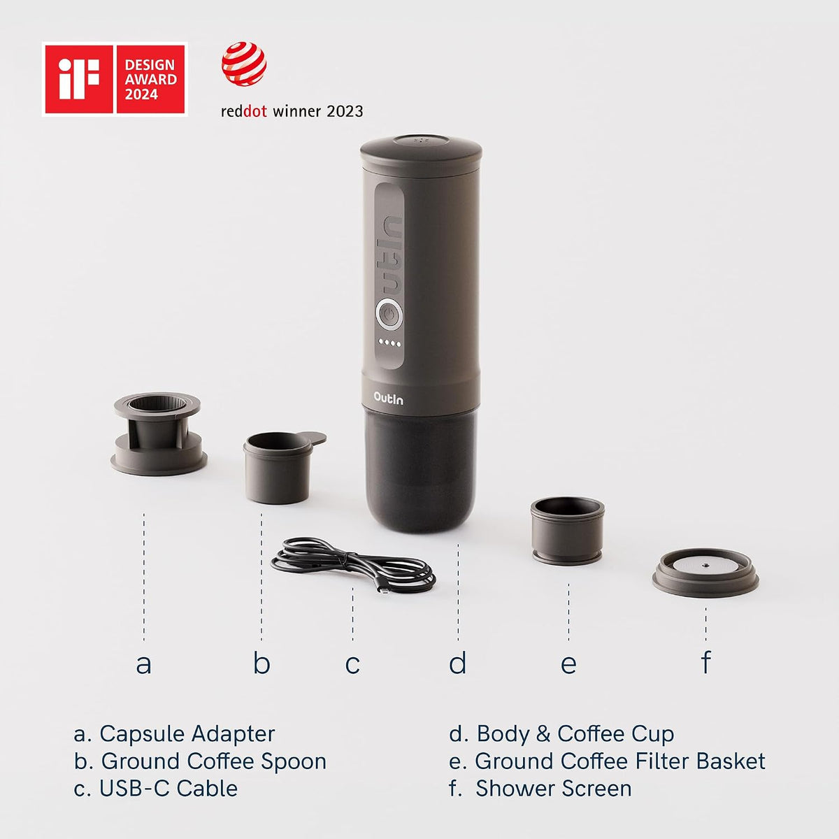 OutIn Nano Portable Espresso Maker – Space Grey – espresso maker with included adapters