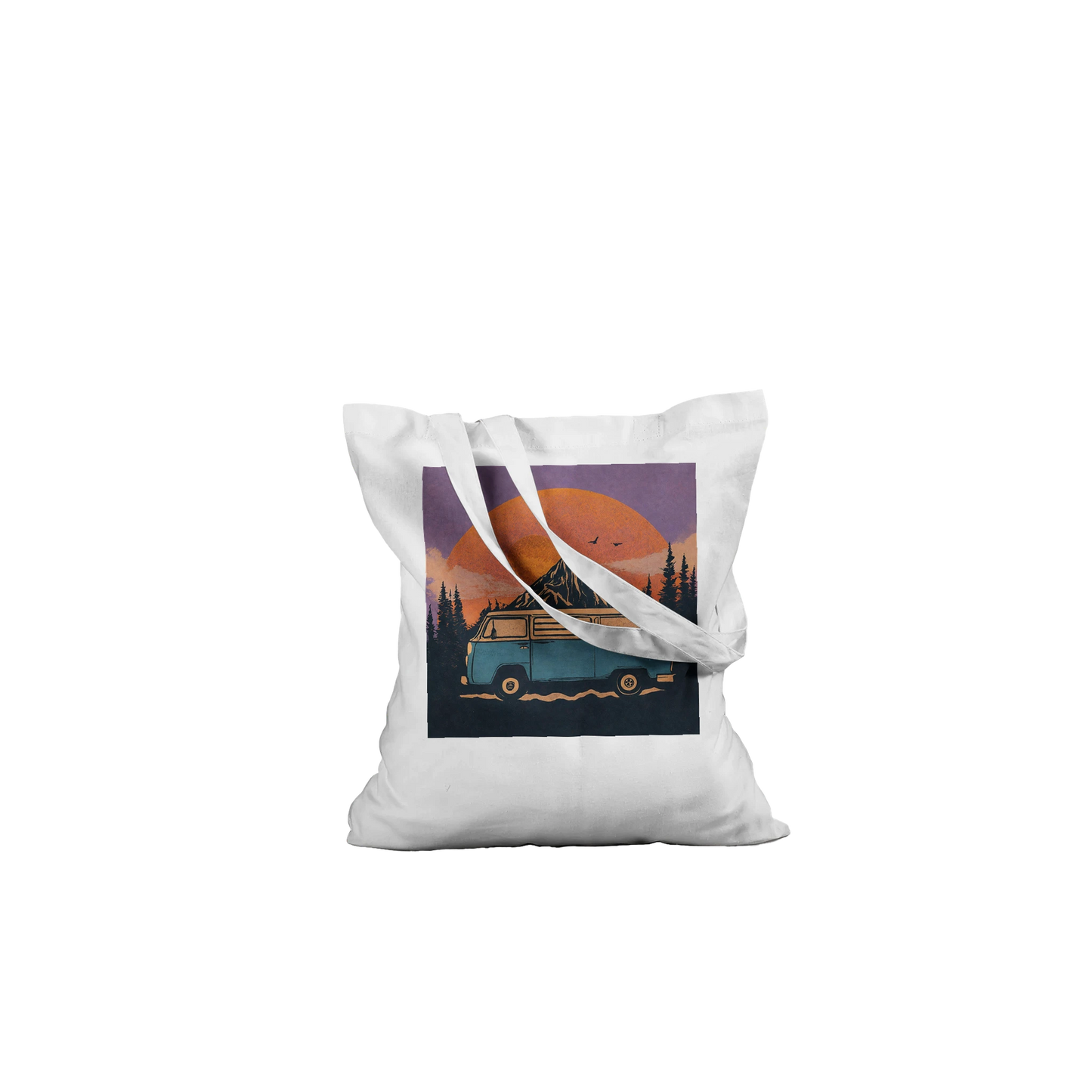 White tote bag with van life sunset design, perfect for campers and outdoor adventures