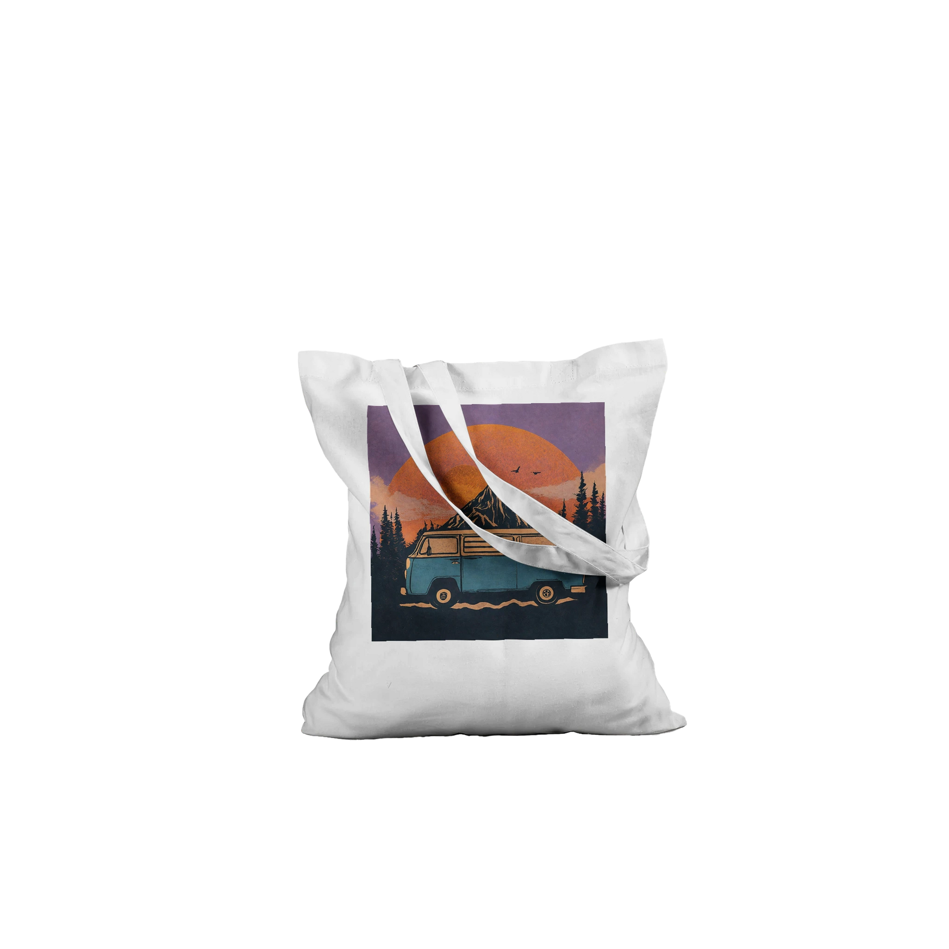 White tote bag with van life sunset design, perfect for campers and outdoor adventures