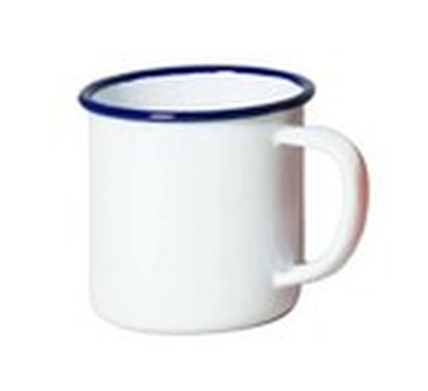 White enamel mug with blue rim, perfect for van life camping and outdoor adventures