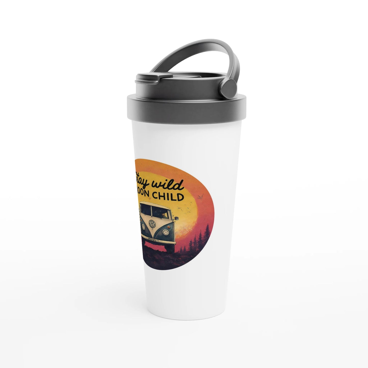 Van life travel mug with 'Stay Wild Moon Child' design, retro camper van, sunset graphic, perfect for road trips and adventures.