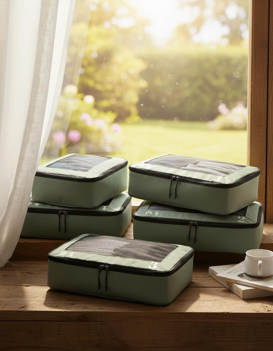 Packing Cubes for Suitcase 7 PCS Travel Organiser Packing Bags Recycled PET Eco Friendly Travel Accessories Shoes Bags Storage Bag Luggage Organiser Pouch(Green)