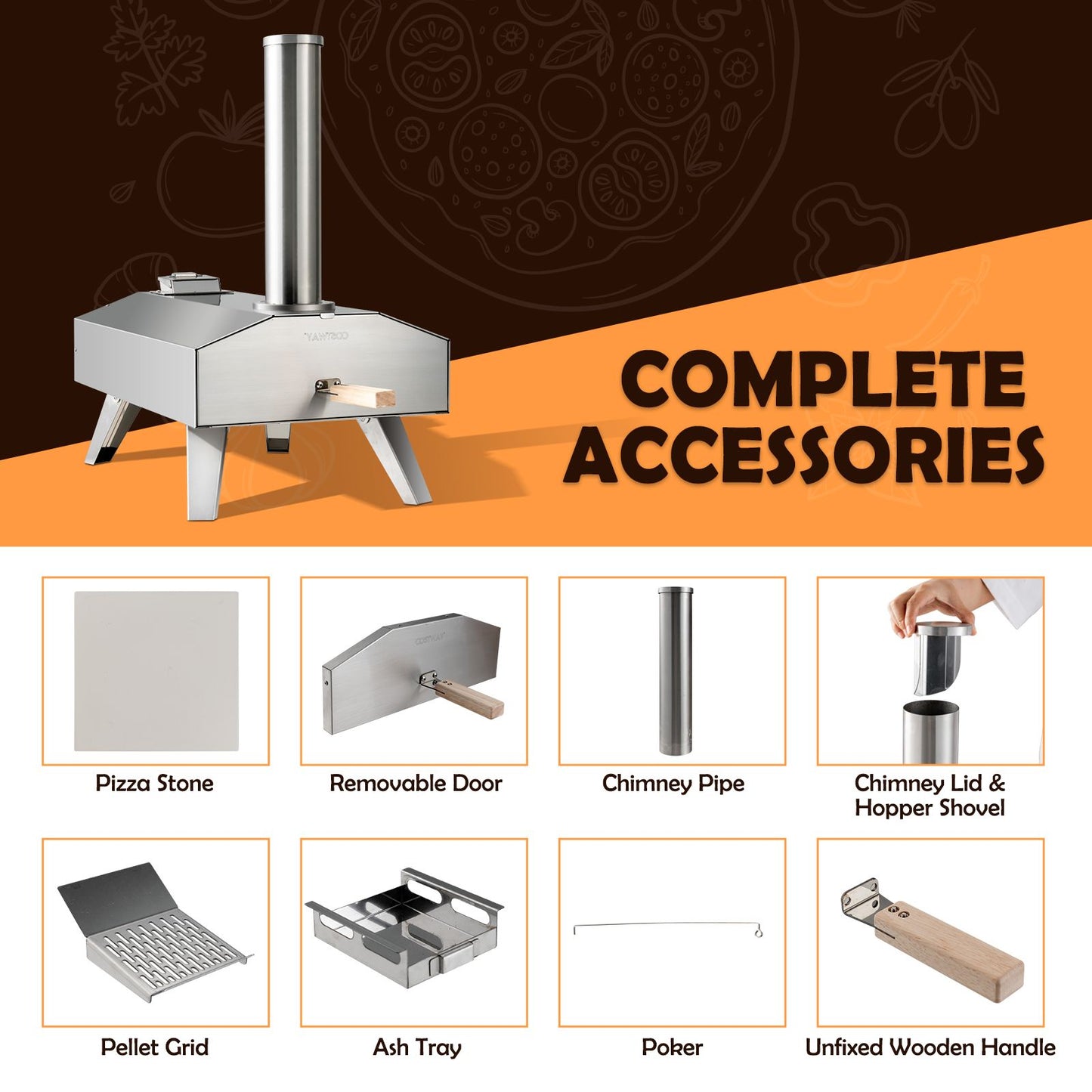 Portable pellet pizza oven with complete accessories for van life outdoor cooking