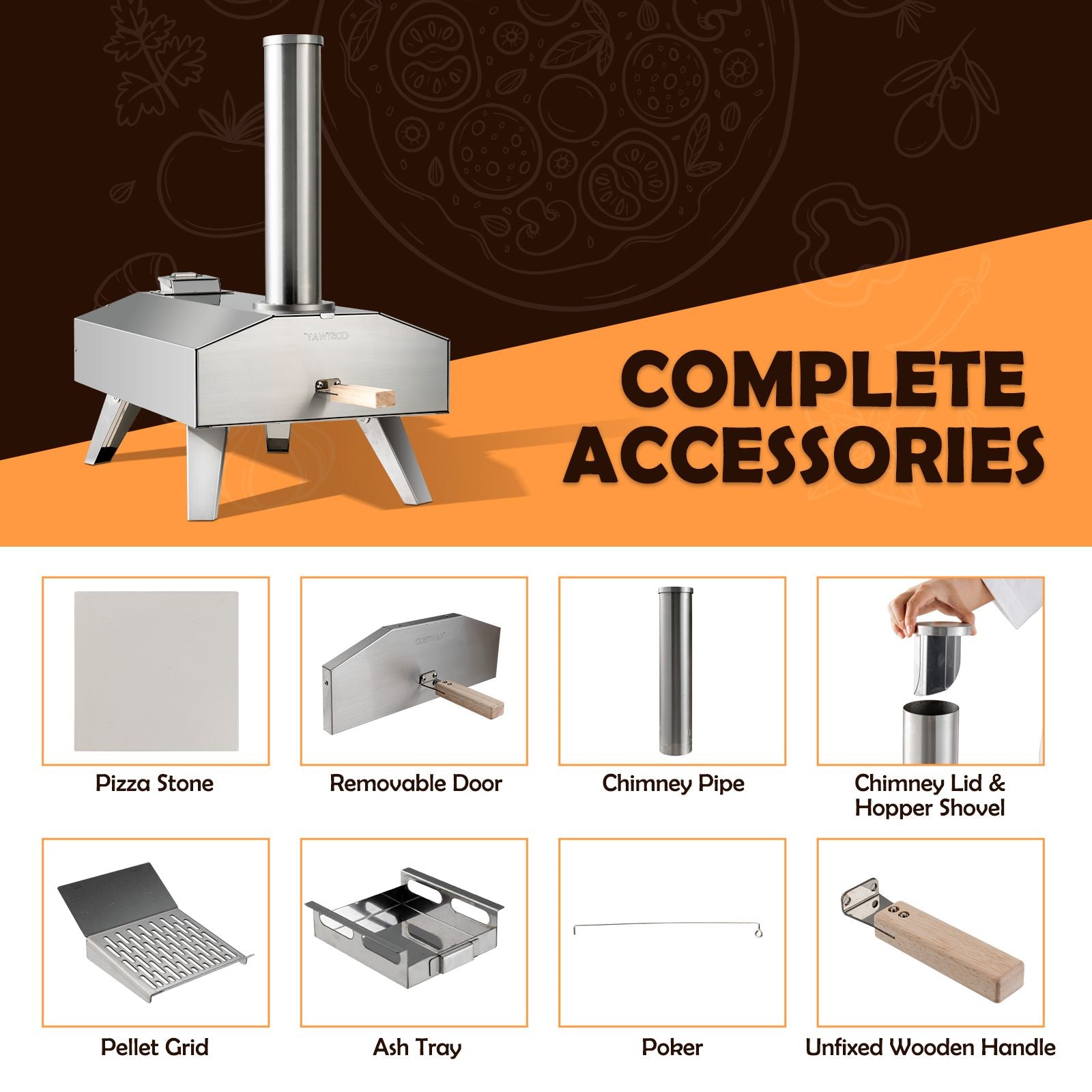 Portable pellet pizza oven with complete accessories for van life outdoor cooking