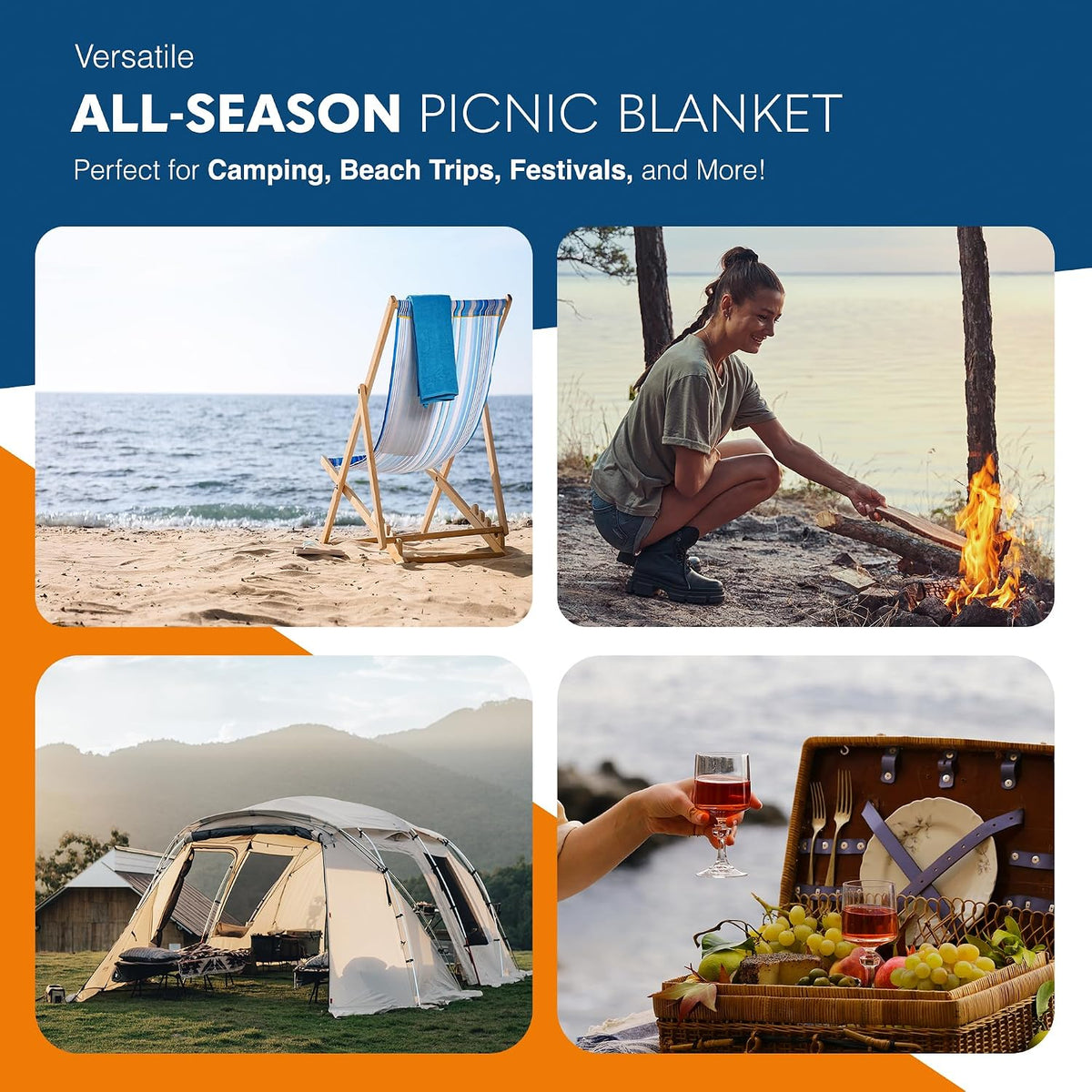 Picnic Blanket – Blue Herringbone Extra Large Outdoor Rug 200X200Cm – Waterproof & Sandproof Mat for 6-8 People – Foldable with Handle – Stylish Camping & Beach Blanket