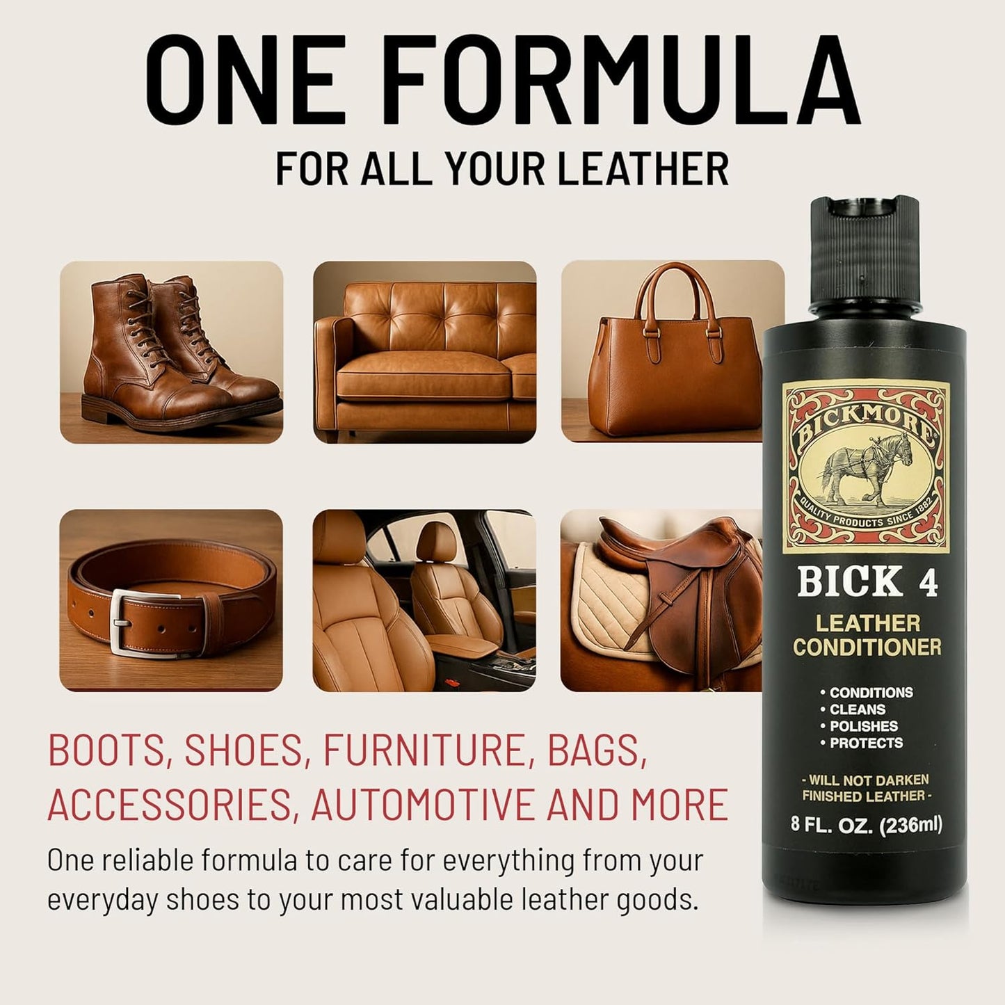Bick 4 Leather Conditioner for boots, furniture, bags, car seats & accessories — cleans, conditions, polishes