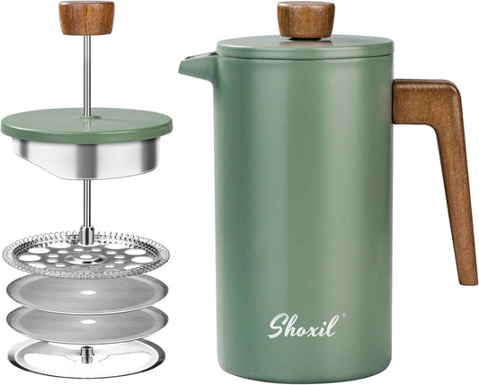 Green 1L Cafetière with Wood Handle – green cafetière and disassembled filter on white