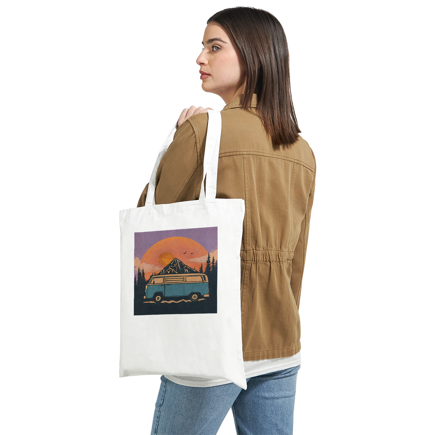 Van life tote bag with sunset mountain print, perfect for campers and adventurers