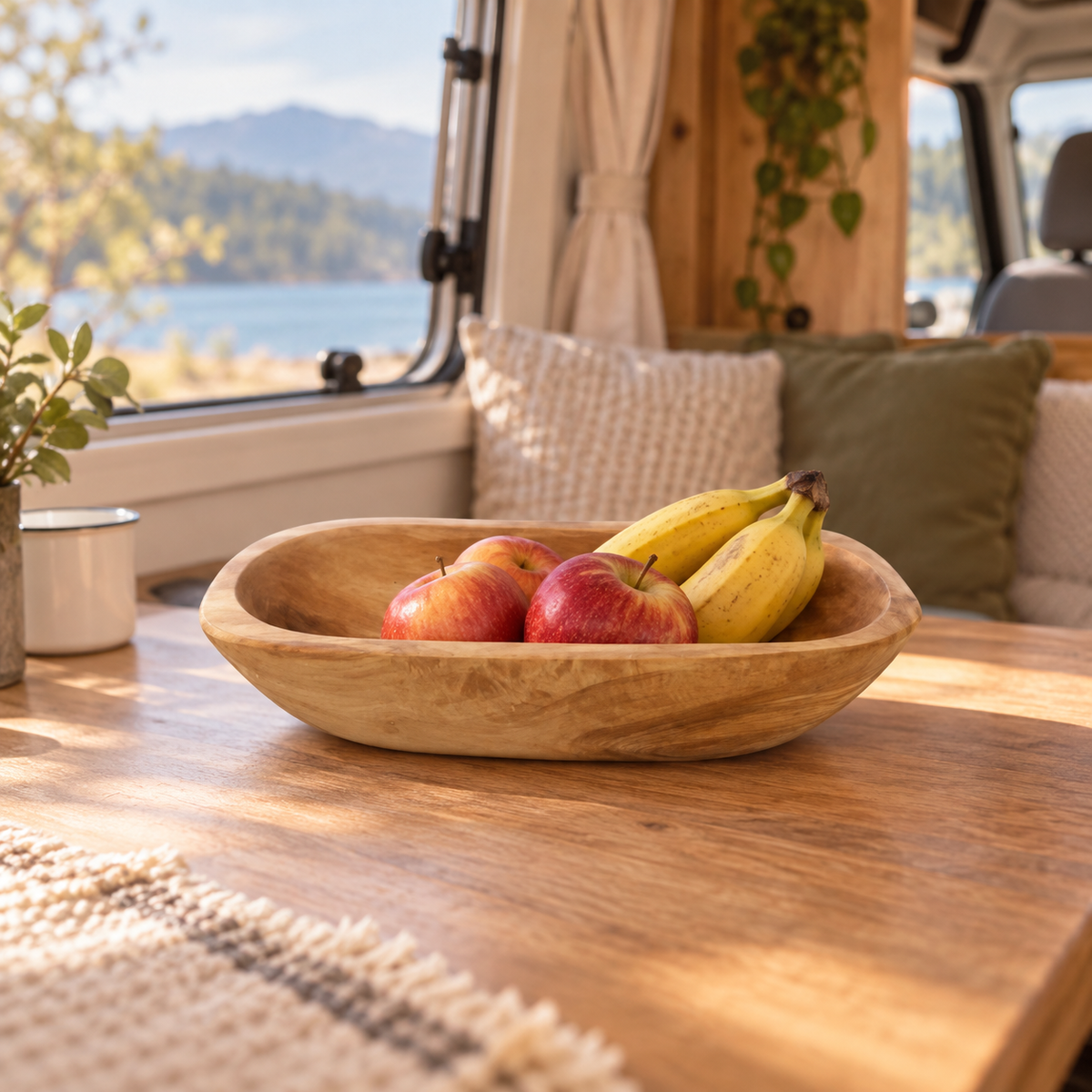 Dara Wood Serving Bowl in a van-life setting