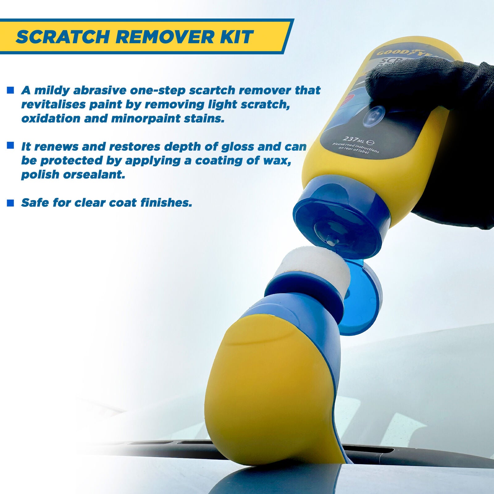 Yellow scratch remover kit with applicator for van paint care and restoration