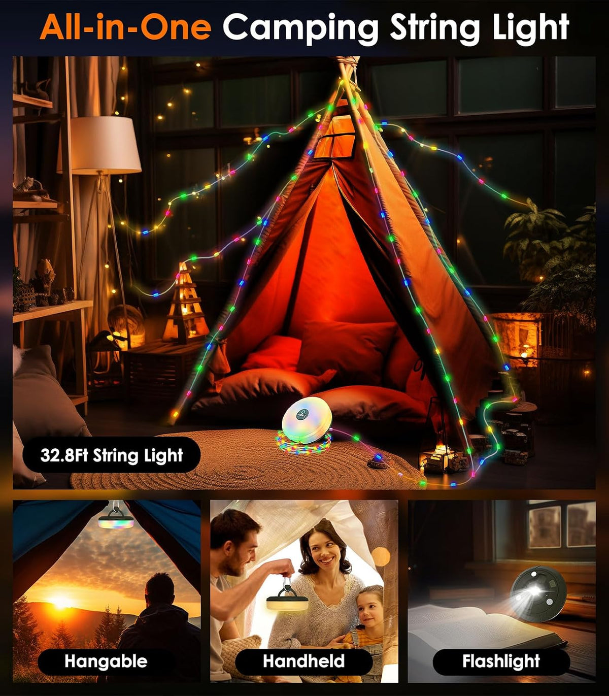 Camping String Light 32.8Ft, 4-In-1 Rechargeable LED Fairy Lights with 8 Modes & Power Bank, Waterproof Retractable Portable Light for Outdoor Garden Camping BBQ Christmas Decoration